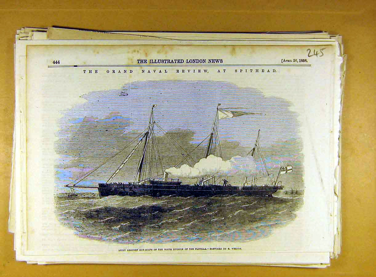 Original Old Antique Print 1856 Naval Review Spithead Gun-Boat Flotilla 19th