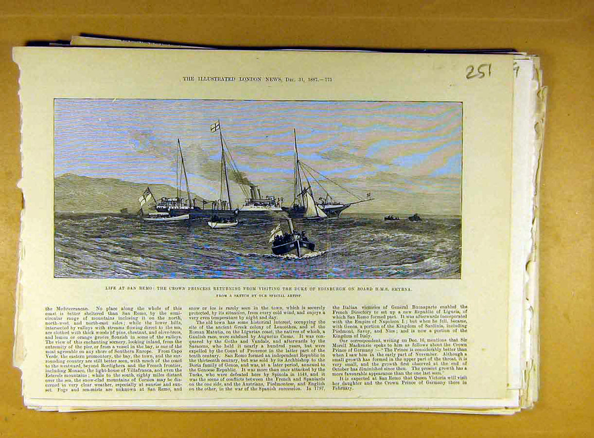 Original Old Antique Print 1887 San-Remo Princess Hms Smyrna Royal Naval 19th