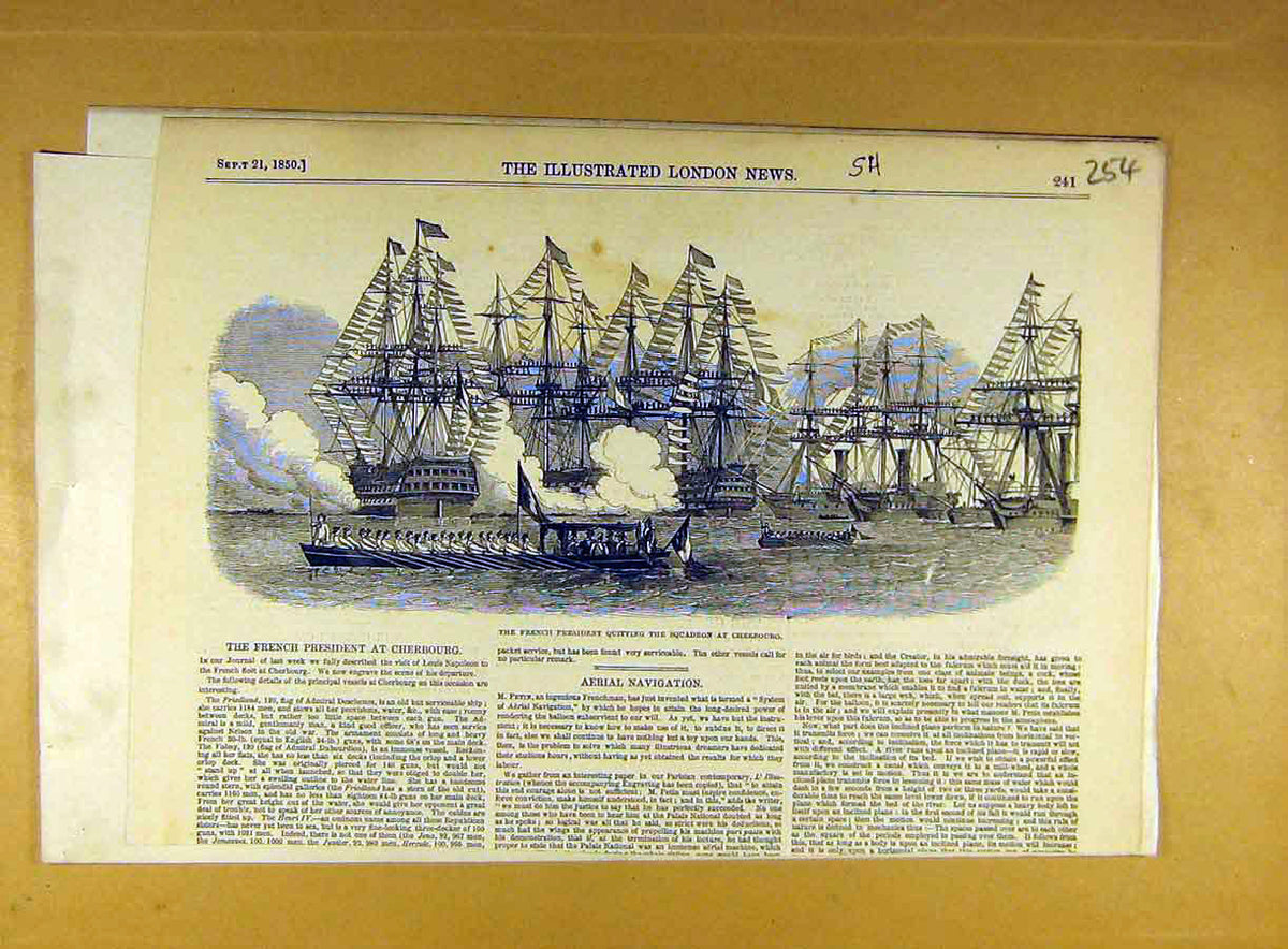Original Old Antique Print 1850 French President Squadron Cherbourg Naval 19th