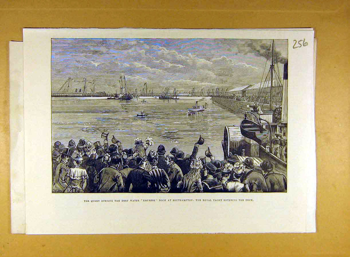 Original Old Antique Print Queen Deep-Water Empress Dock Southampton Royal Yacht