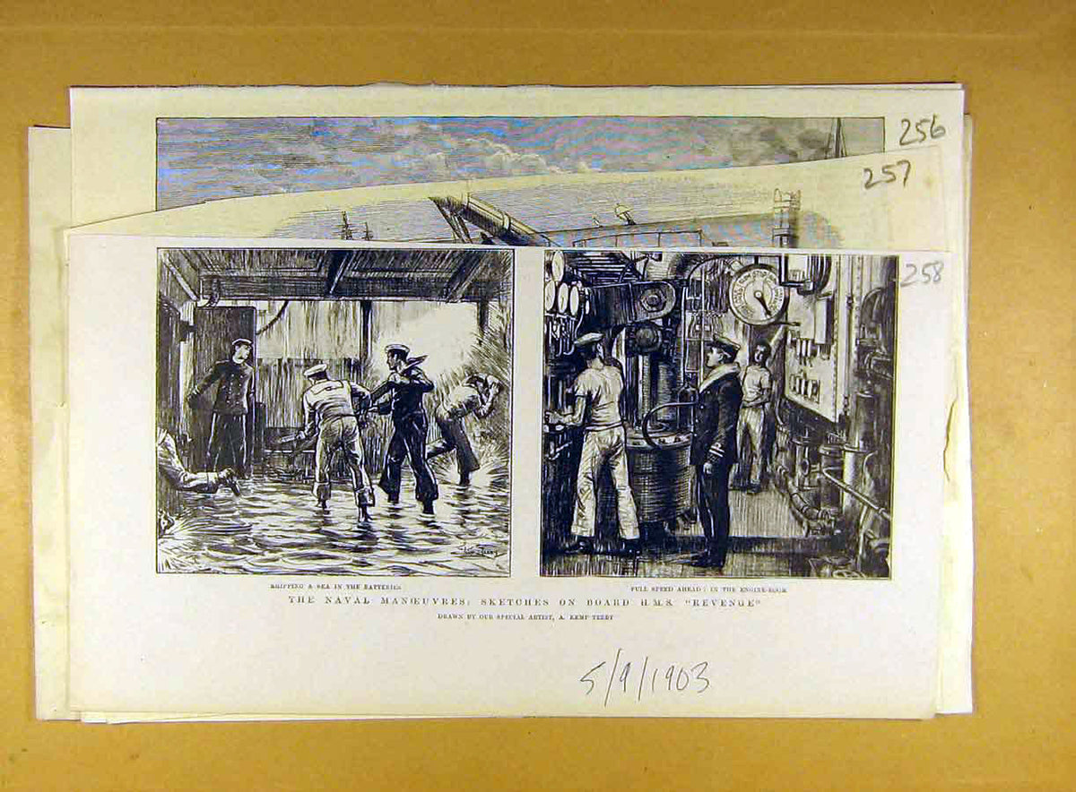 Original Old Antique Print 1903 Naval Manoeuvres Sketches Hms Revenge Ship 20th