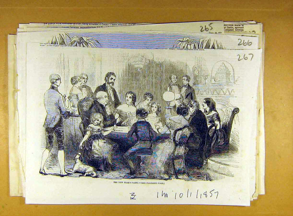 Original Old Antique Print 1857 New-Year Party People Social History Victorian