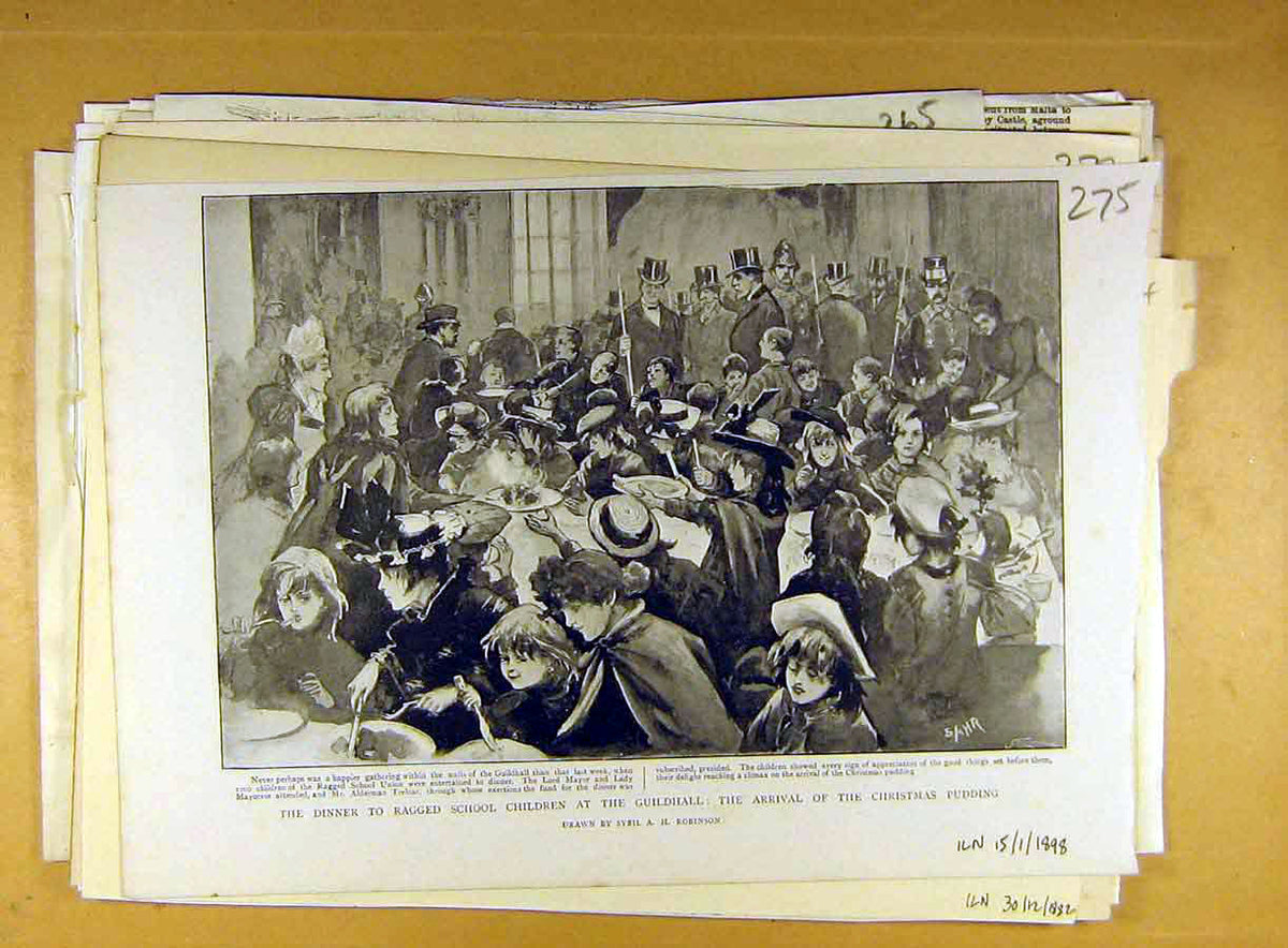 Old Antique Print 1898 Dinner Ragged School Children Guildhall Christmas 19th