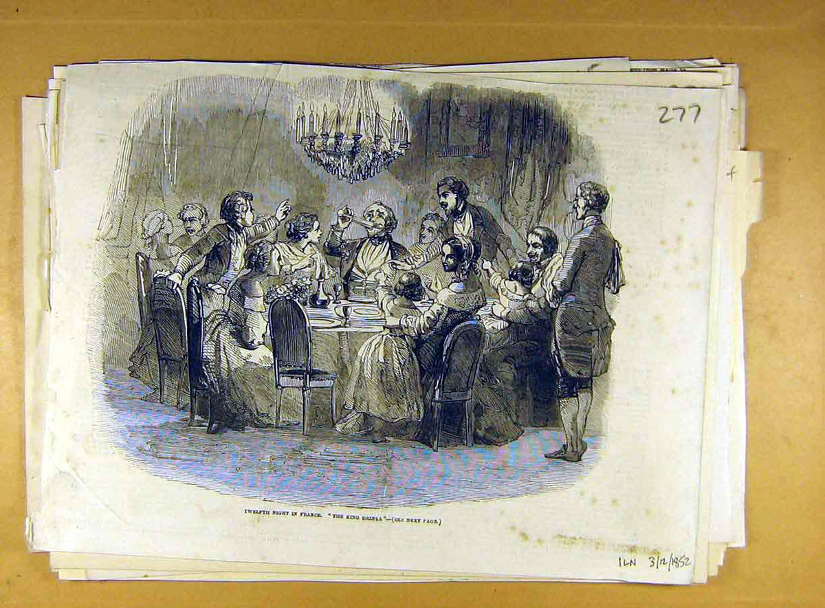 Original Old Antique Print 1852 Twelfth Night France King-Drinks Scene Sketch