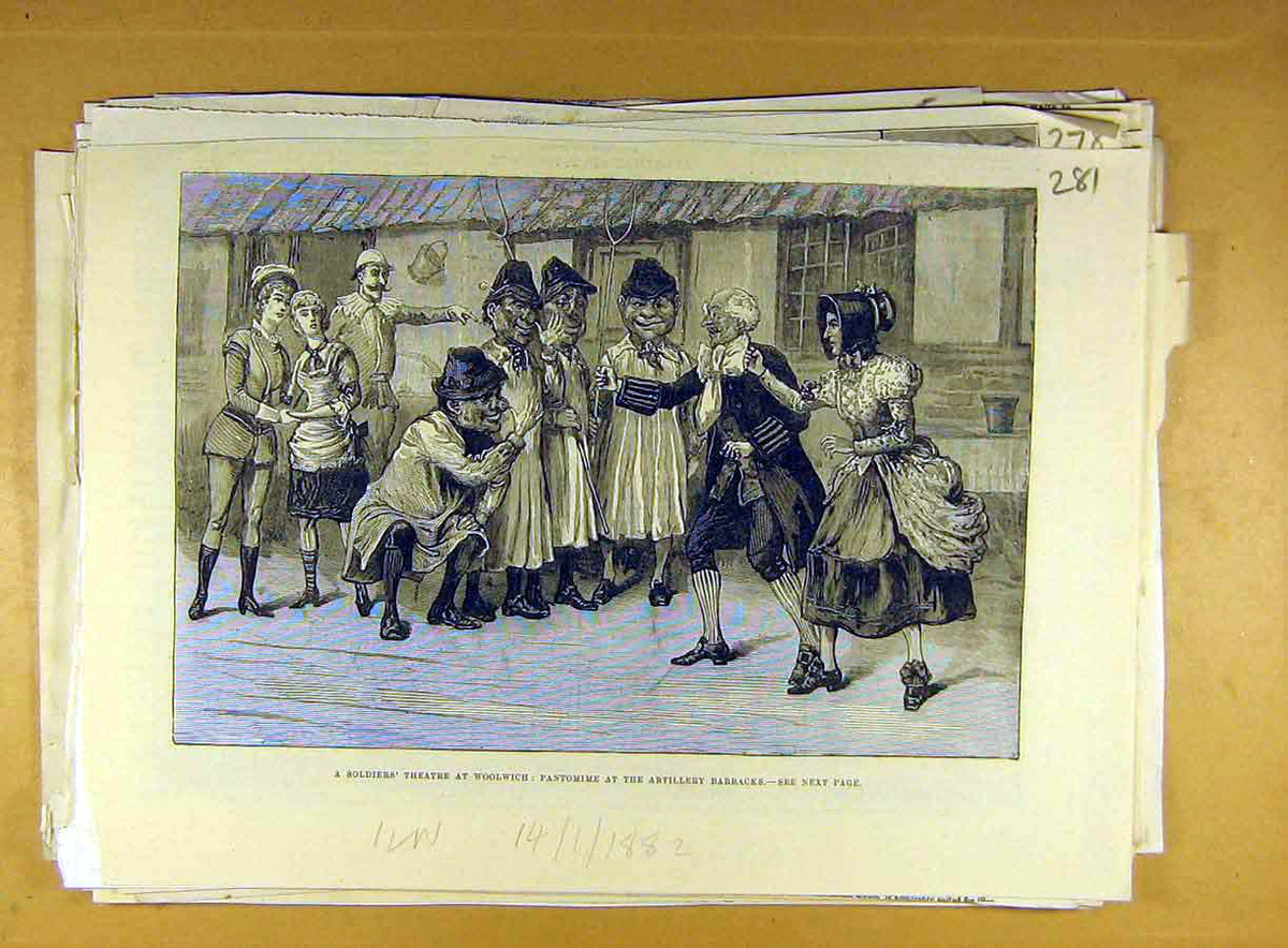 Original Old Antique Print 1882 Siers Theatre Woolwich Pantomime Artillery 19th