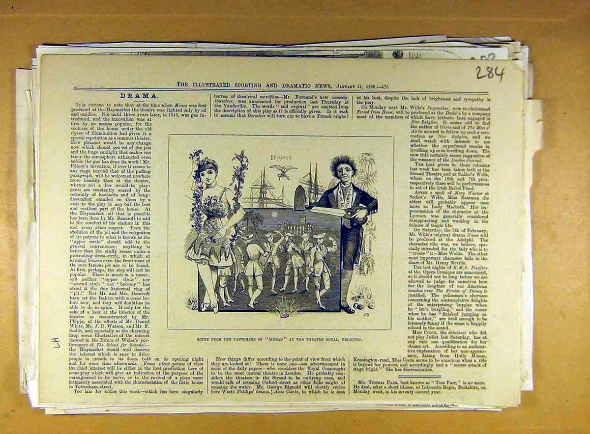 Original Old Antique Print 1880 Scene Pantomime Sinbad Theatre Royal Brighton