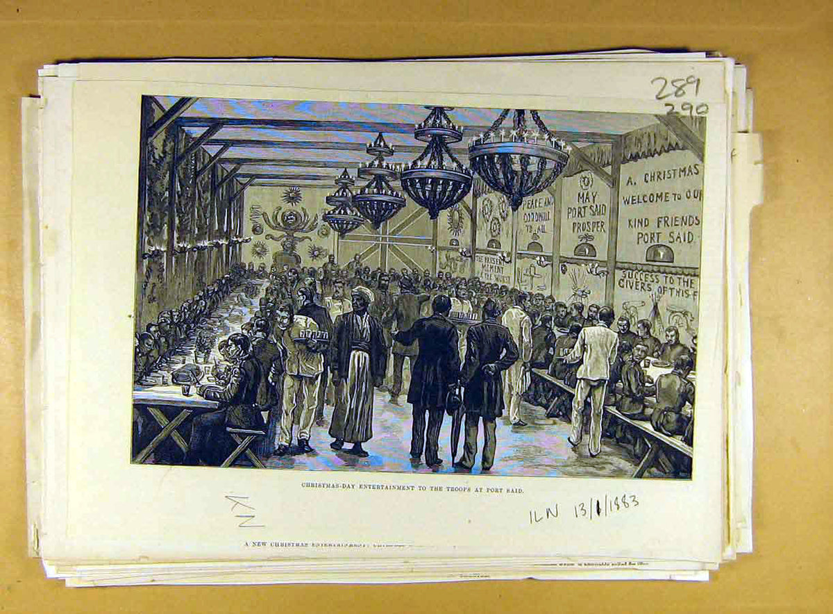 Original Old Antique Print 1883 Christmas Day Troops Port Said Entertainment