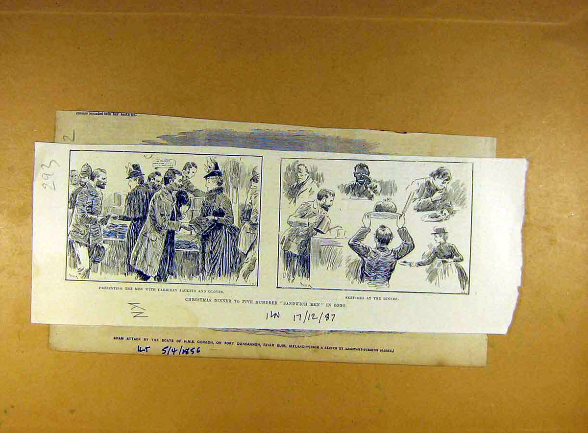 Original Old Antique Print 1887 Christmas Dinner Sandwich-Men Soho London 19th