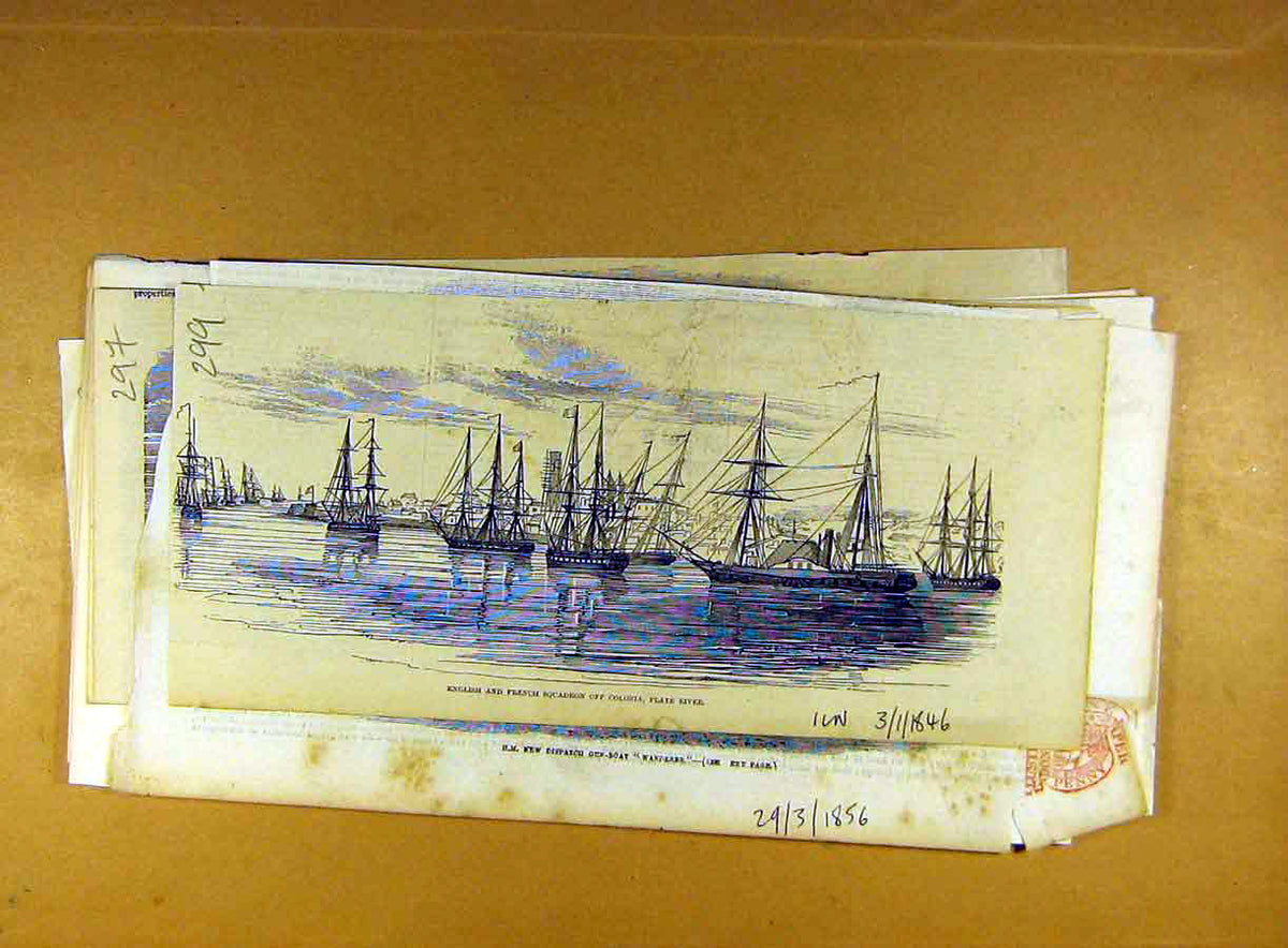 Old Antique Print 1846 English French Squadron Colonia Plate River Ships 19th