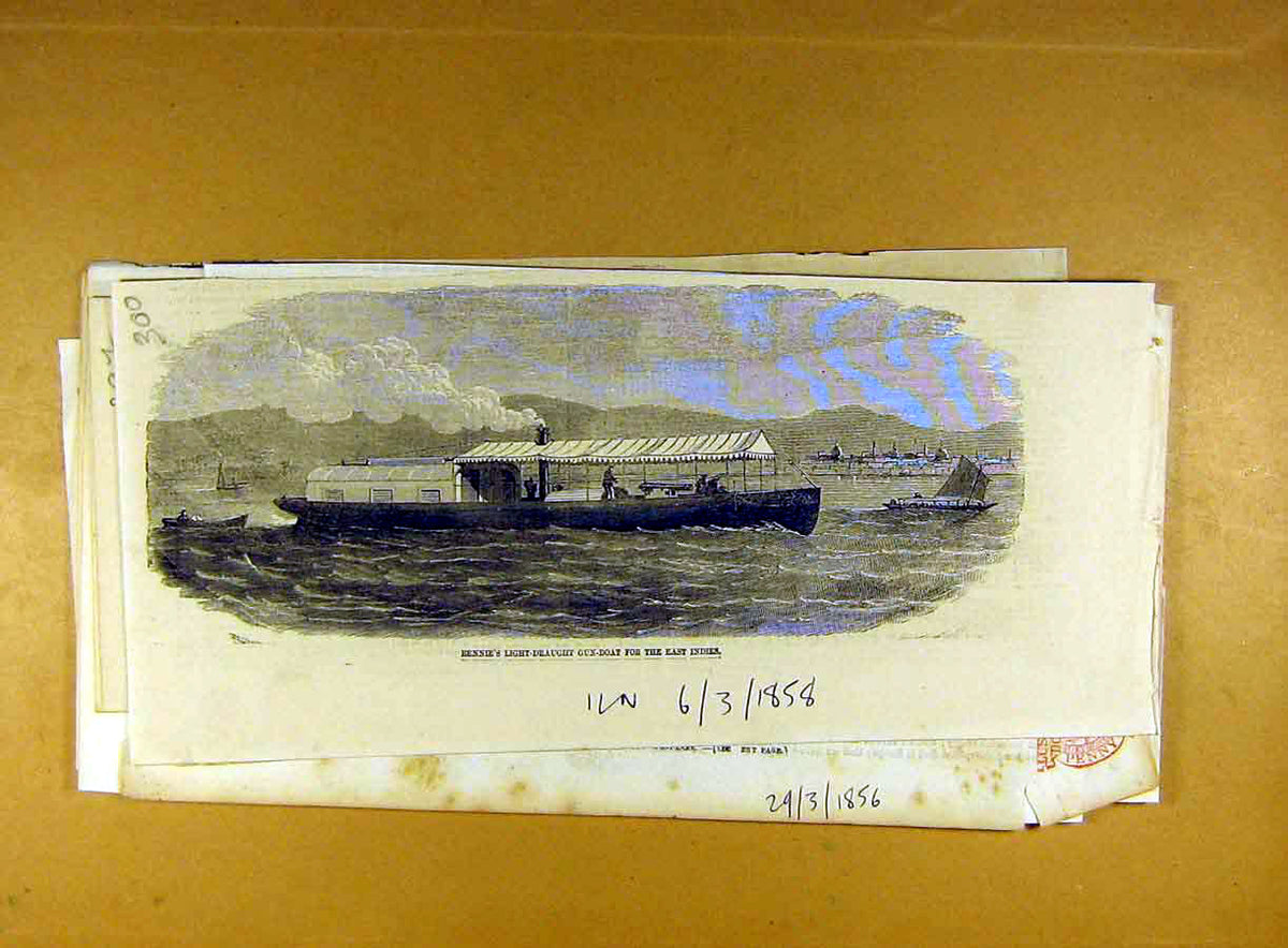 Original Old Antique Print 1858 Rennie'S Light Draught Gun-Boat East Indies 19th