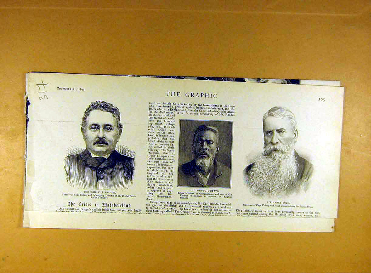 Original Old Antique Print 1893 Crisis Matebeleland Africa Loch Rhodes Umteto