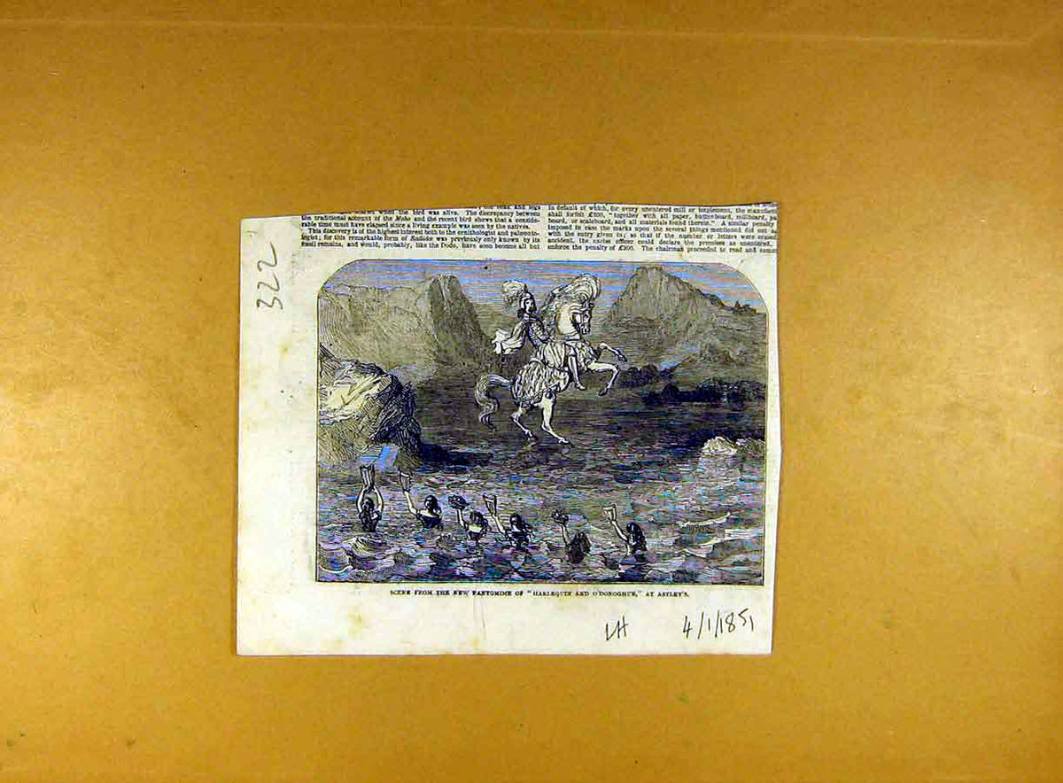 Original Old Antique Print 1851 Scene Pantomime Harlequin O'Donoghue Astley 19th