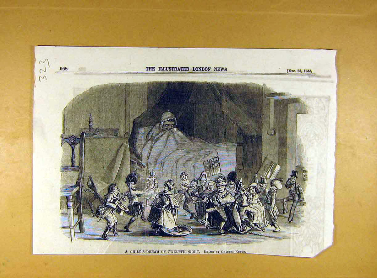 Original Old Antique Print 1854 Child Dream Twelfth Night Keene Sketch Victorian