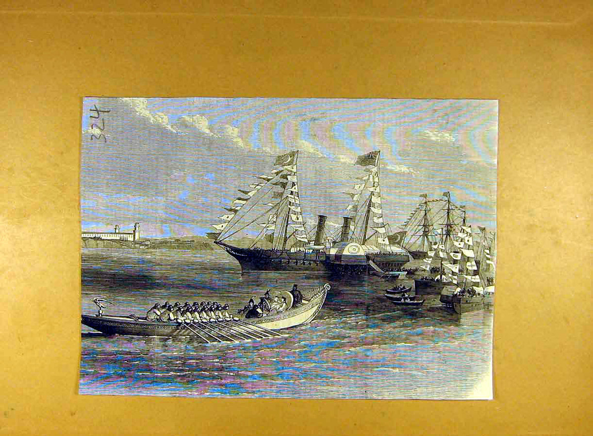 Original Old Antique Print Ships Naval Boats Review China India Fleet Flotilla