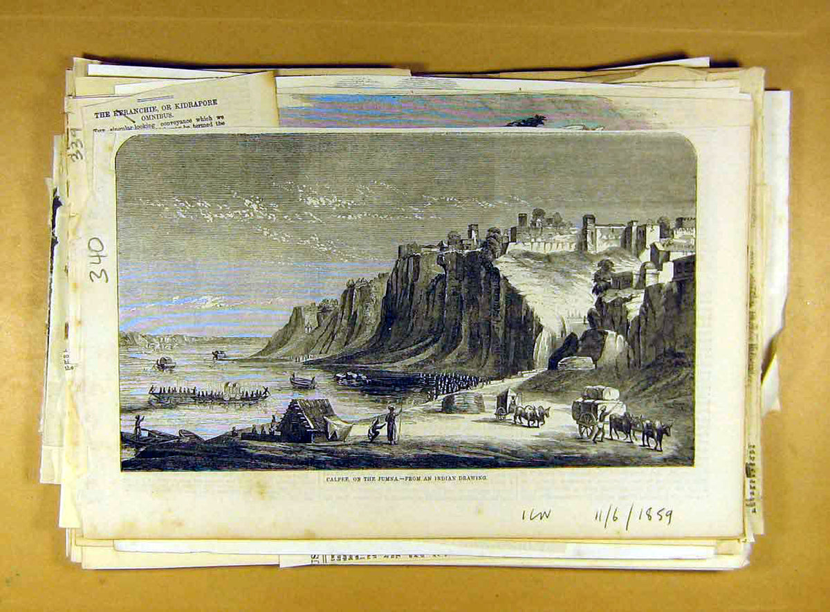 Original Old Antique Print 1859 Calpee Jumna India Indian Drawing View Bay 19th