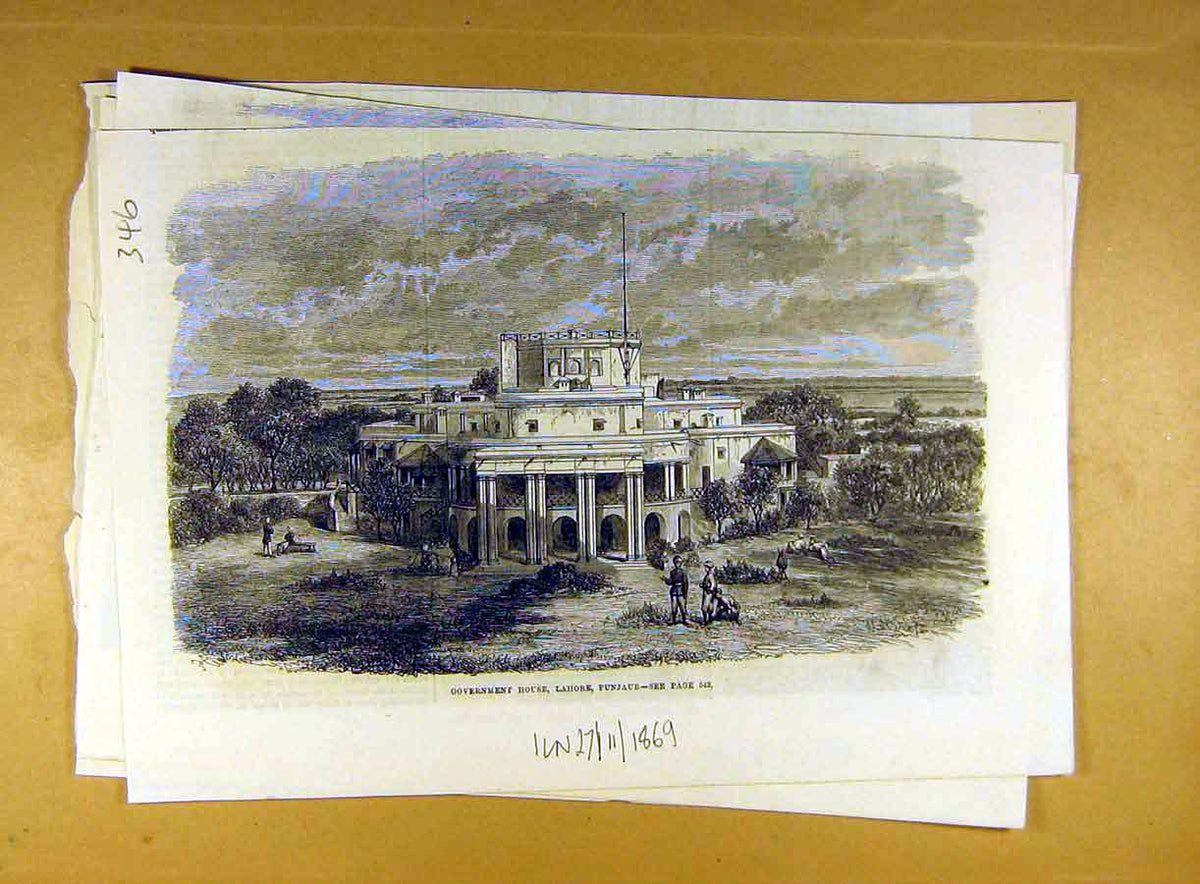 Original Old Antique Print 1869 Government House Lahore Punjaub India Victorian