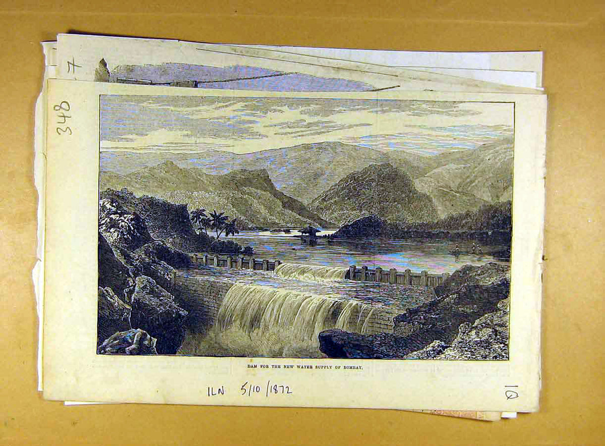 Original Old Antique Print 1872 Dam Water-Supply Bombay India Indian Victorian