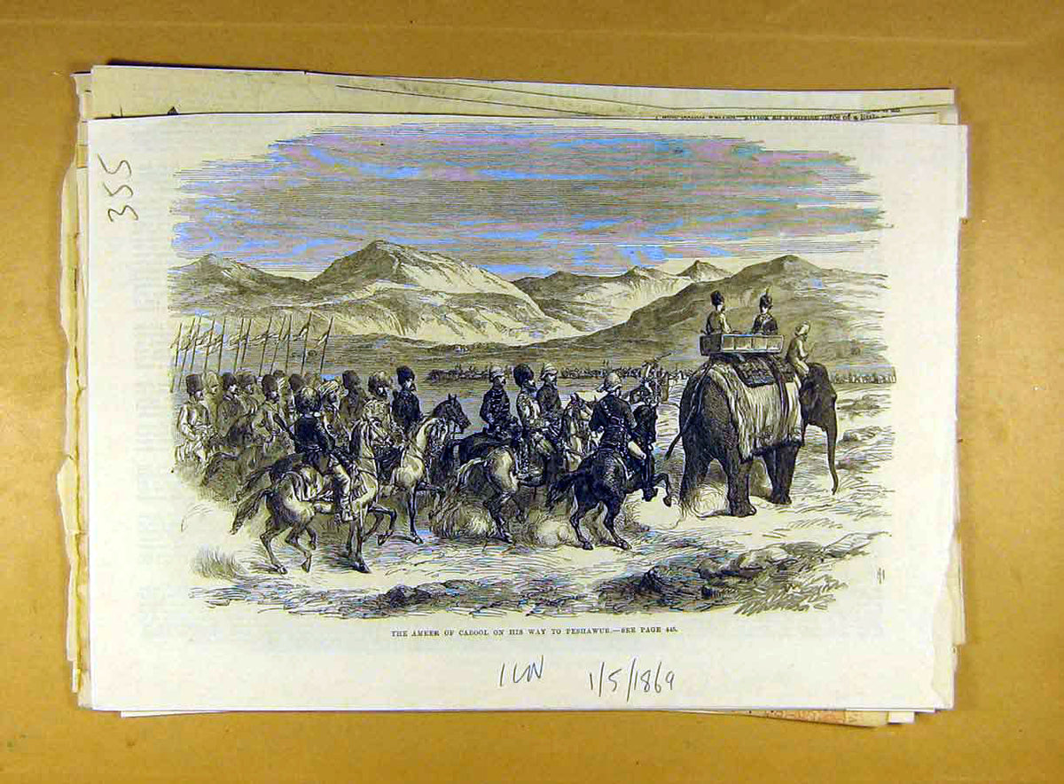 Original Old Antique Print 1869 Ameer Cabool Peshawur India Elephants Military