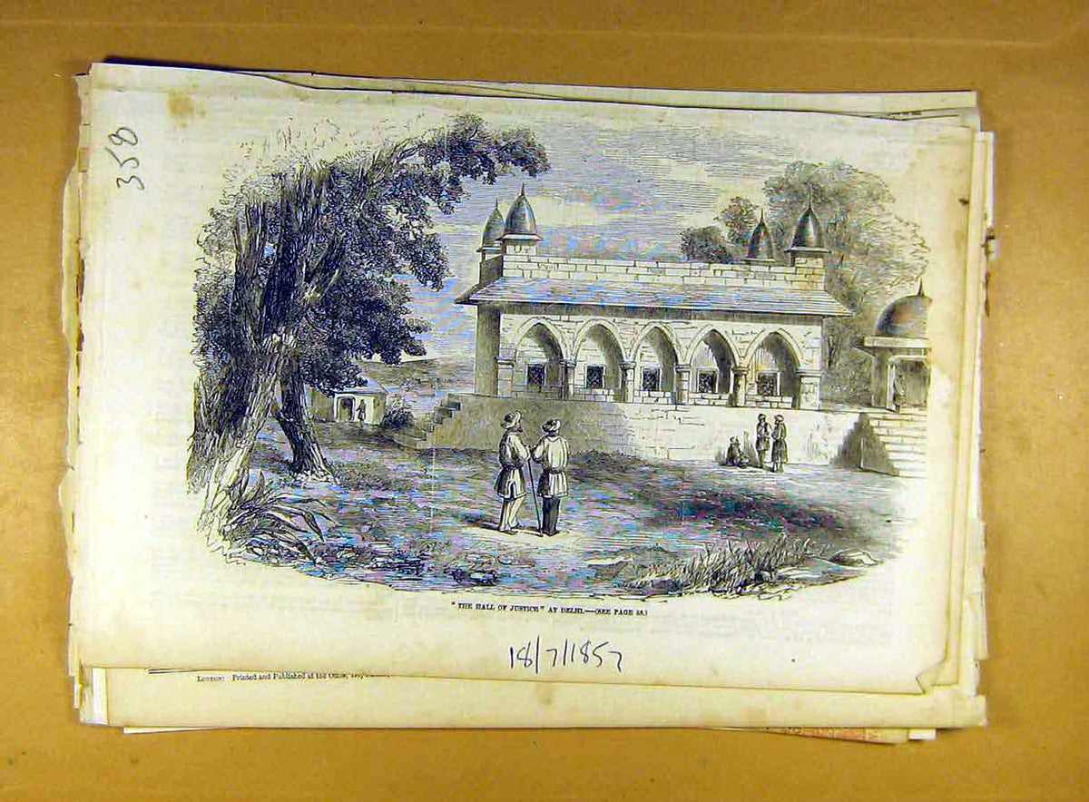 Original Old Antique Print 1857 Hall Justice Delhi Court India Indian Building