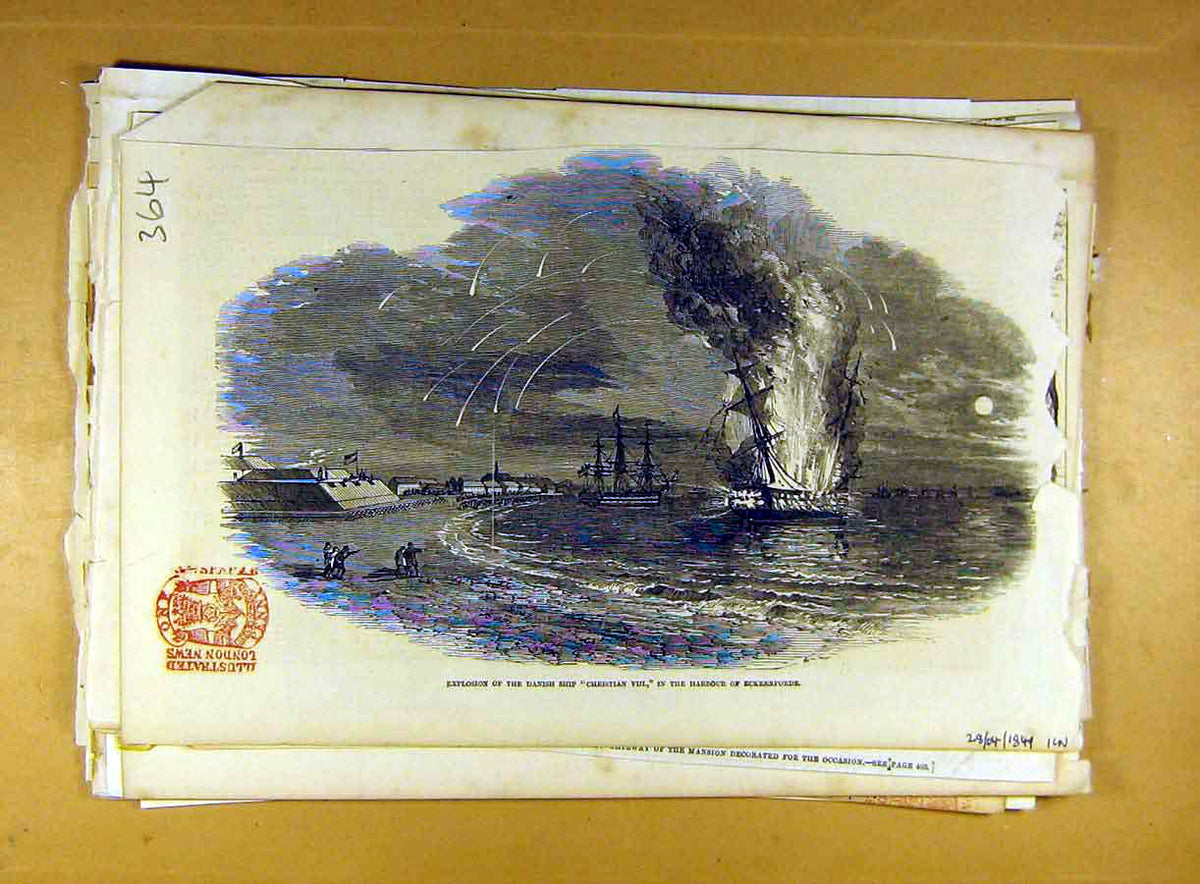 Original Old Antique Print 1849 Danish Ship Christian-Vii Harbour Eckernforde