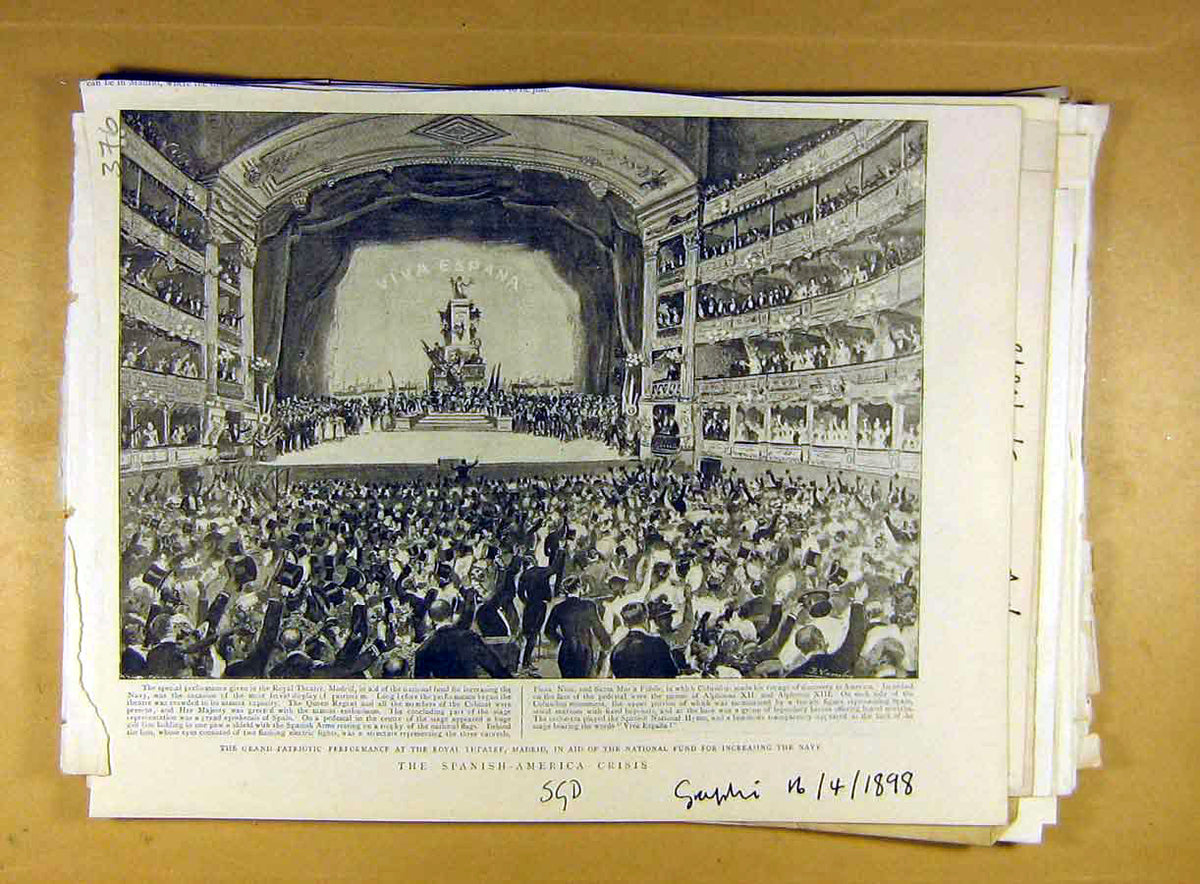 Old Antique Print 1898 Spanish-American Crisis Madrid Theatre Naval Funds 19th