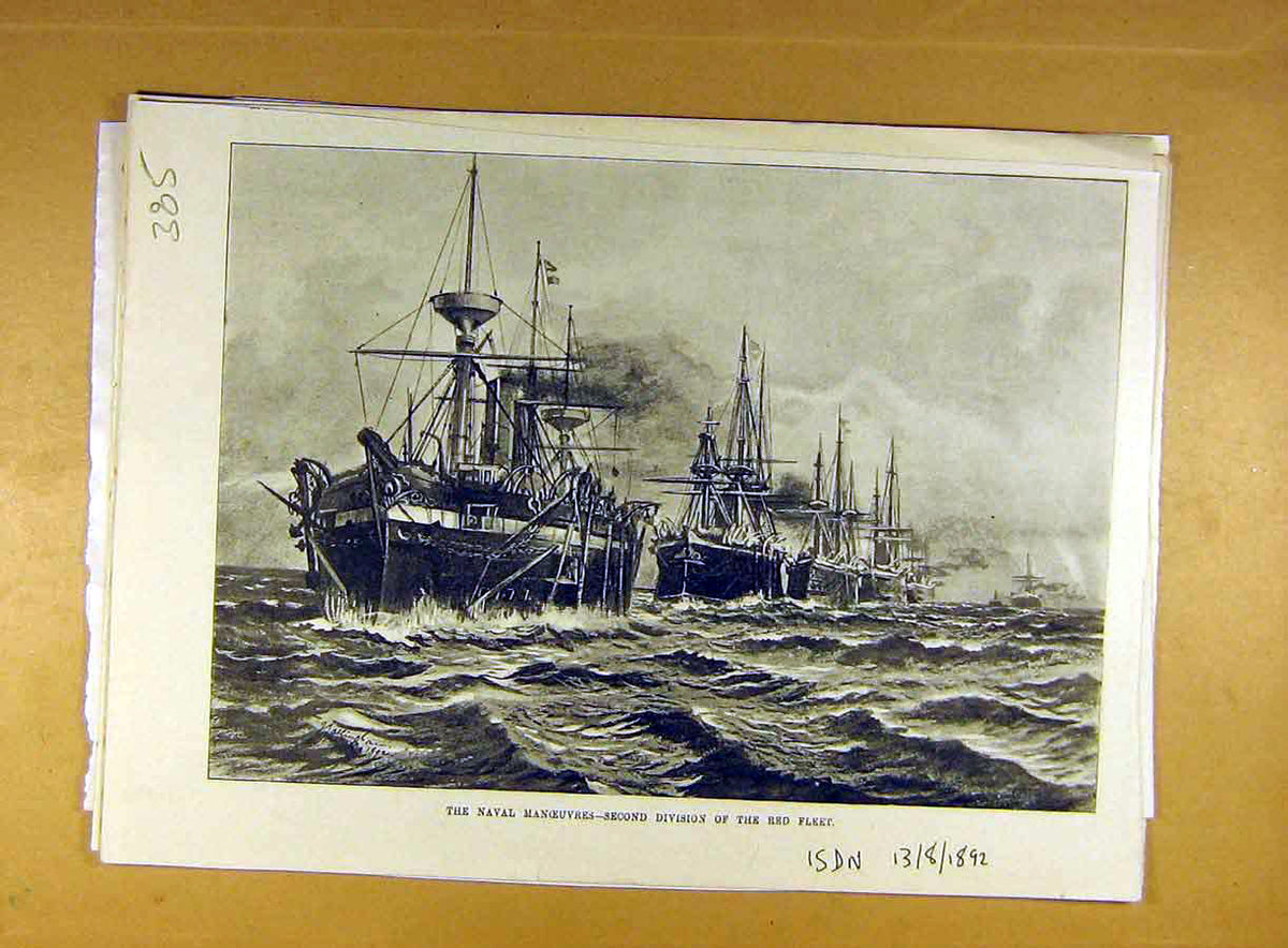 Original Old Antique Print 1892 Naval Manoeuvres Red-Fleet Second-Division Navy