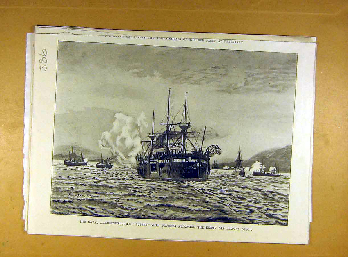 Original Old Antique Print Naval Manoeuvres Hms Superb Cruisers Belfast Lough