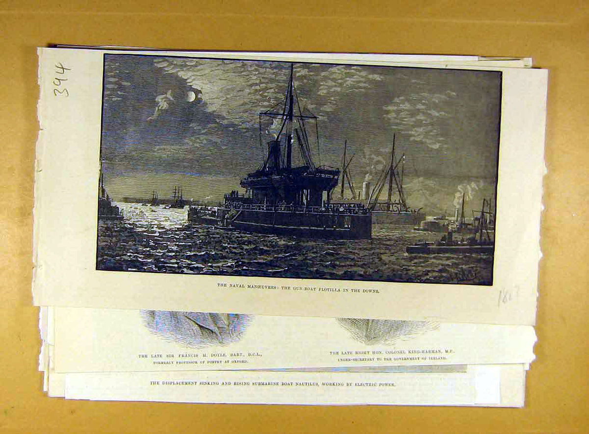 Original Old Antique Print 1887 Naval Manoeuvres Gun-Boat Flotilla Downs 19th