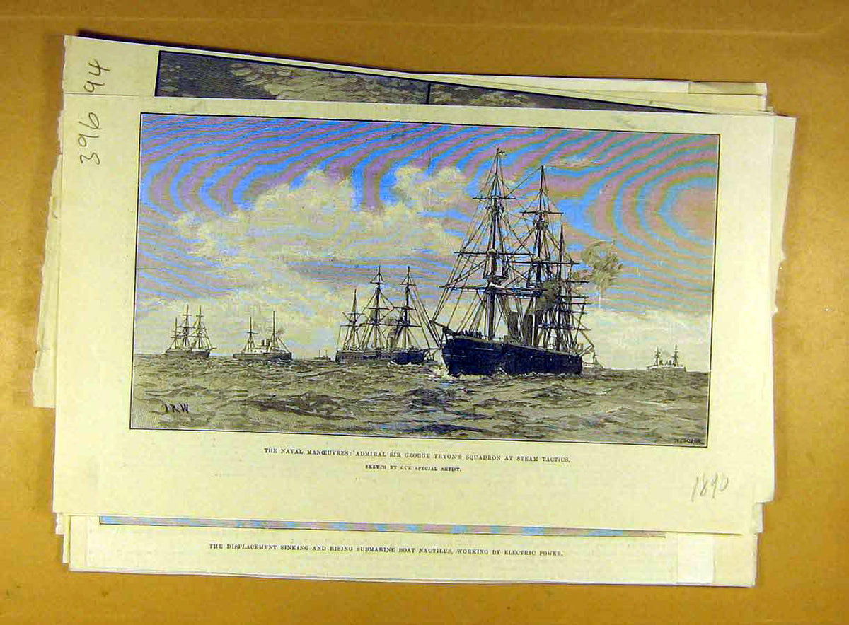 Original Old Antique Print 1890 Naval Manoeuvres Tyron Squadron Steam Fleet 19th
