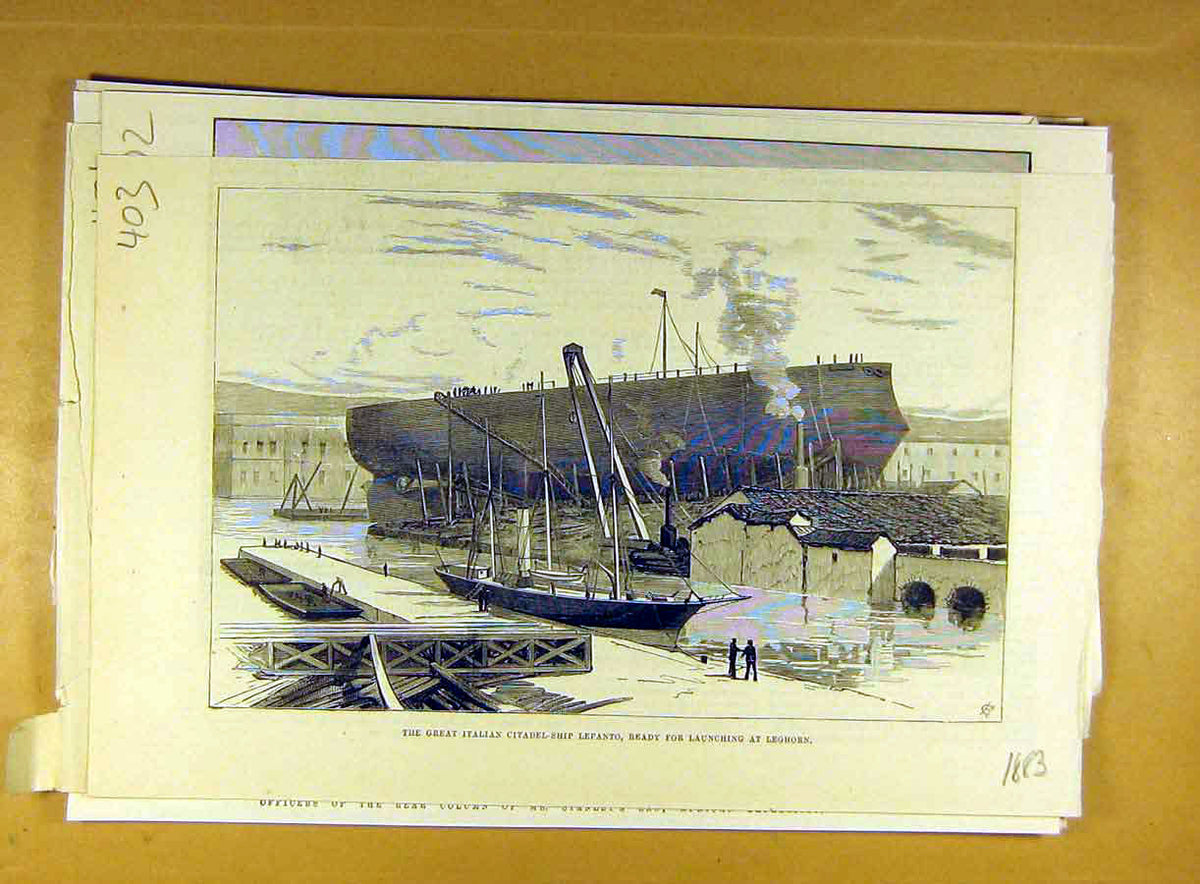 Original Old Antique Print 1883 Italian Citadel-Ship Lepanto Leghorn Dockyard