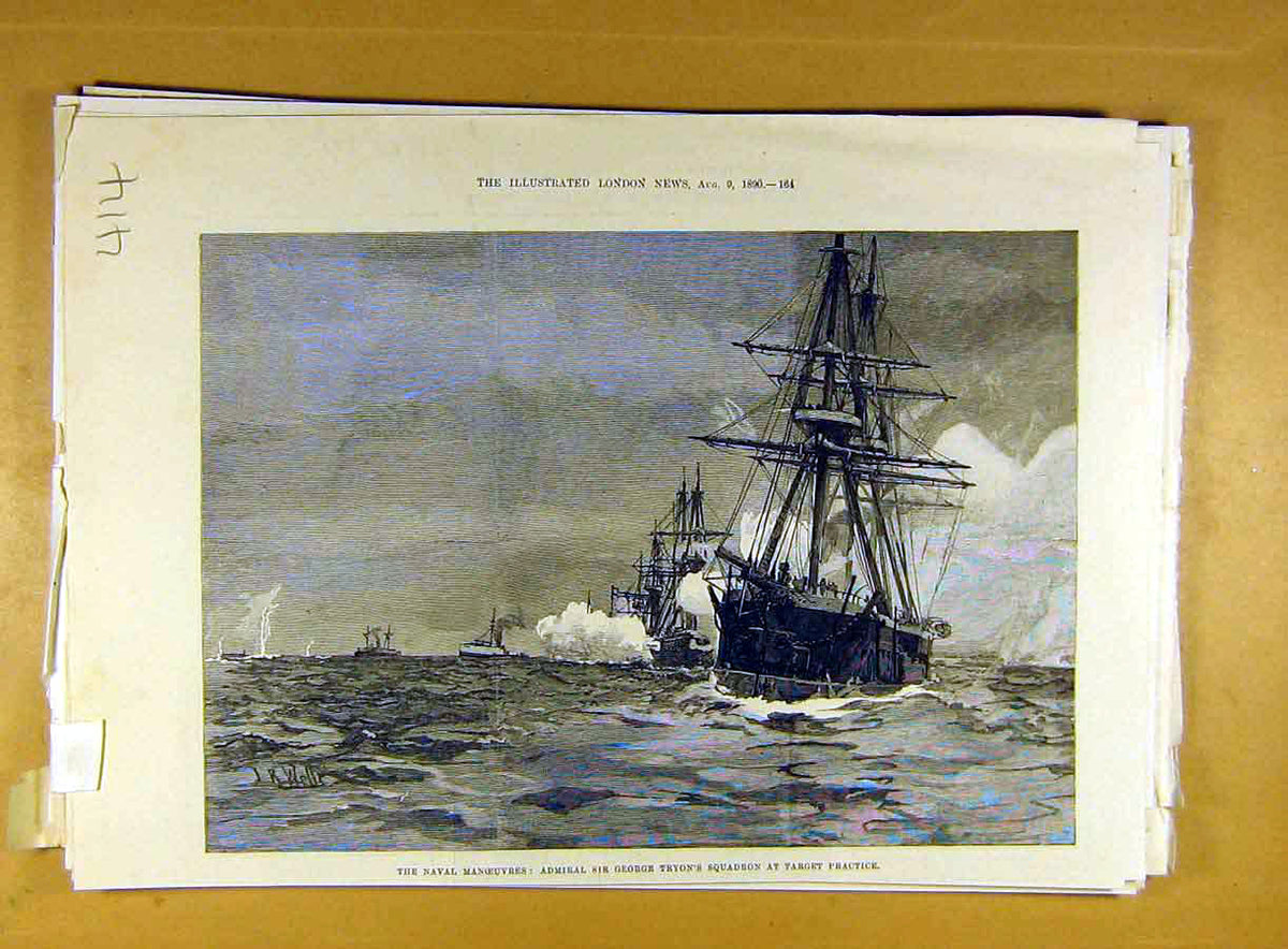 Original Old Antique Print 1890 Naval Manoeuvres Tyron Squadron Target Practice