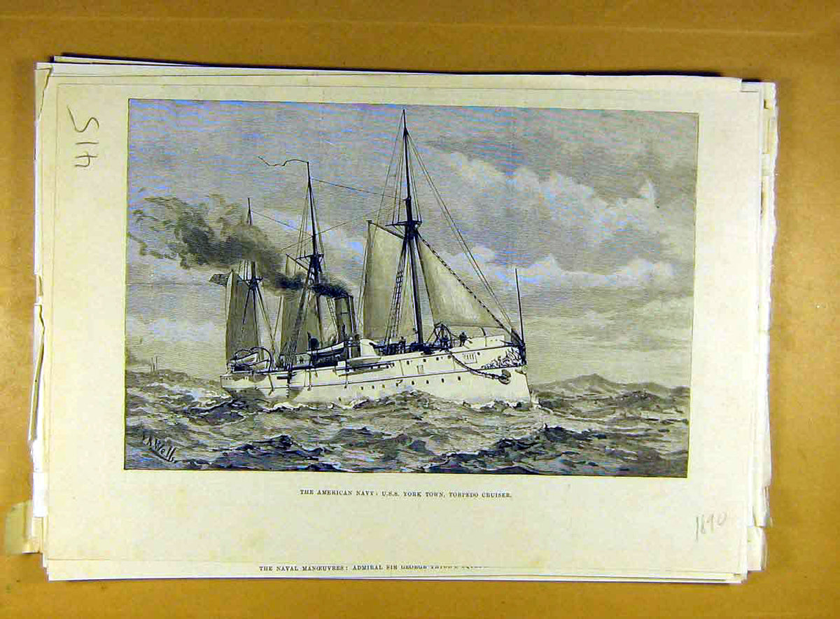 Old Antique Print 1890 American Navy Uss York-Town Torpedo-Cruiser Naval 19th