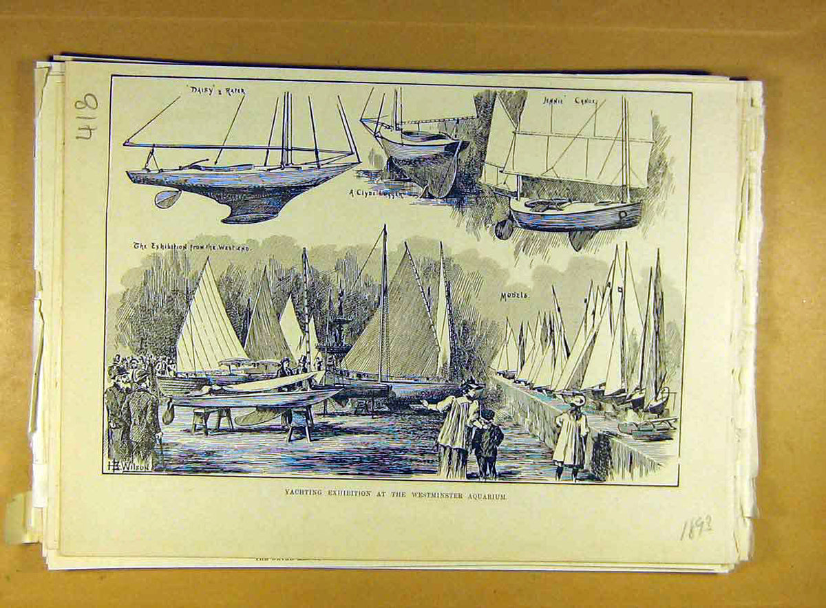 Original Old Antique Print 1893 Yachting Exhibition Westminster Aquarium Yacht