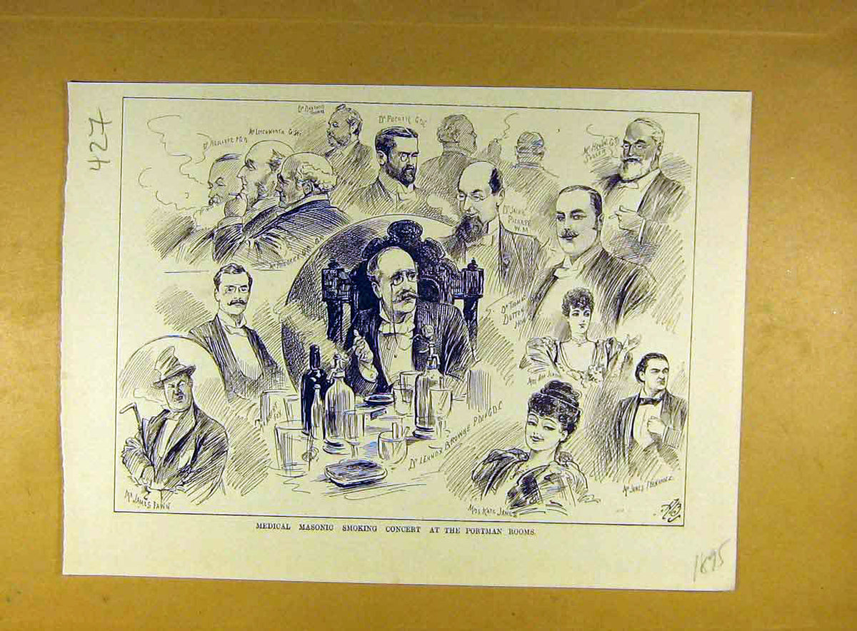 Original Old Antique Print 1895 Medical Masonic Smoking Concert Portman-Rooms