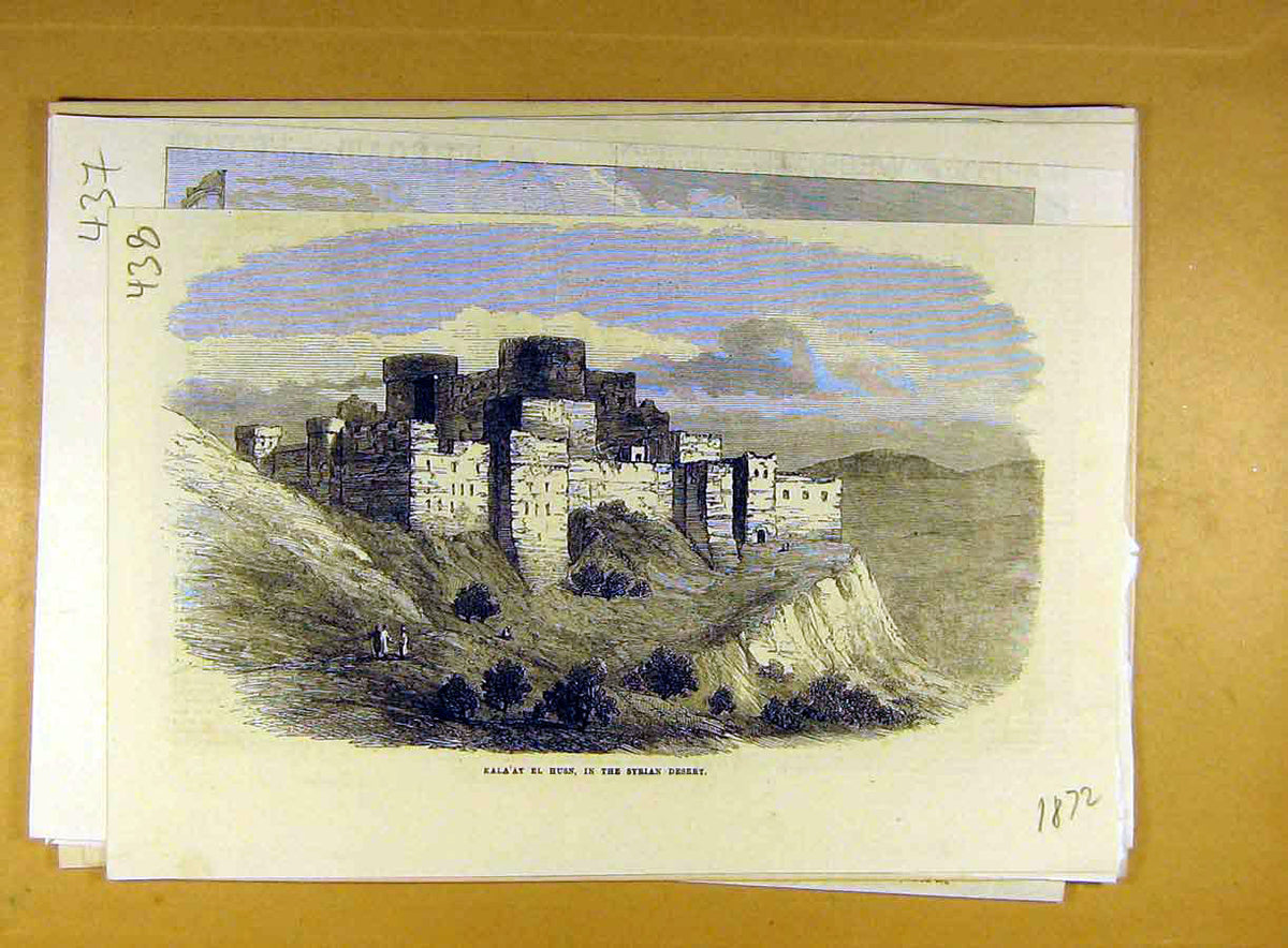 Original Old Antique Print 1872 Kala'At-El-Husn Syrian Desert Building Victorian