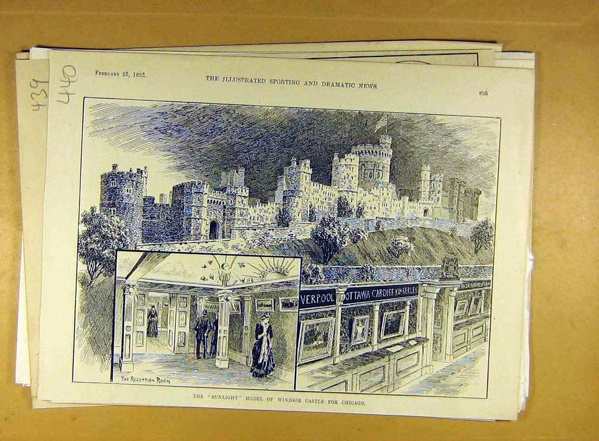 Original Old Antique Print 1892 Sunlight Model Windsor Castle Chicago Victorian