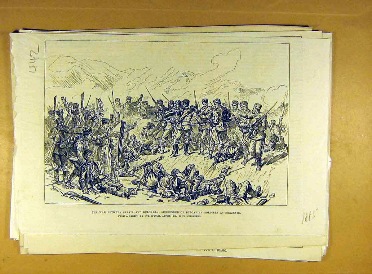 Original Old Antique Print 1885 War Servia Bulgaria Siers Brezenik Military 19th