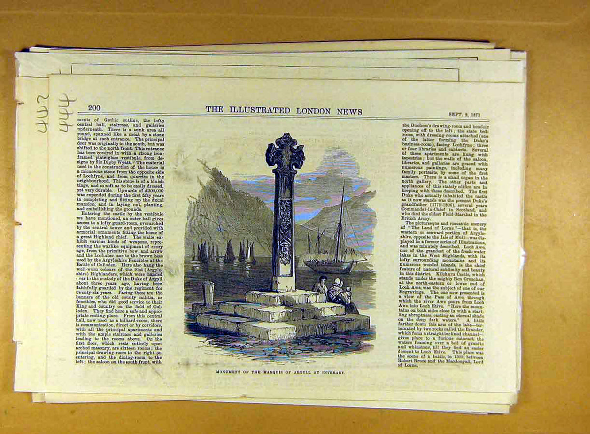 Original Old Antique Print 1871 Monument Marquis Argyll Inverary Scotland 19th