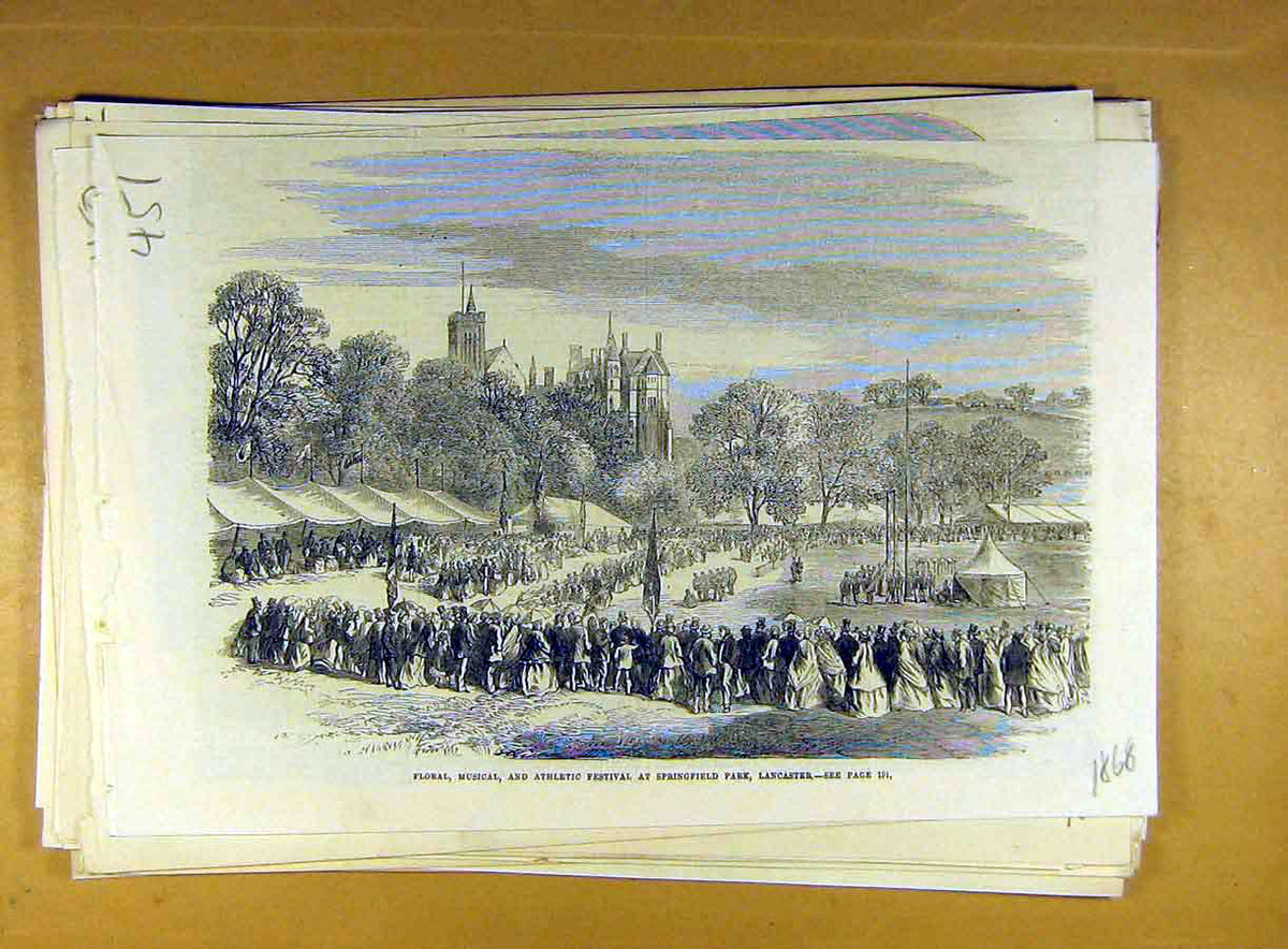 Old Antique Print 1868 Floral Musical Athletic Festival Springfield Lancs 19th