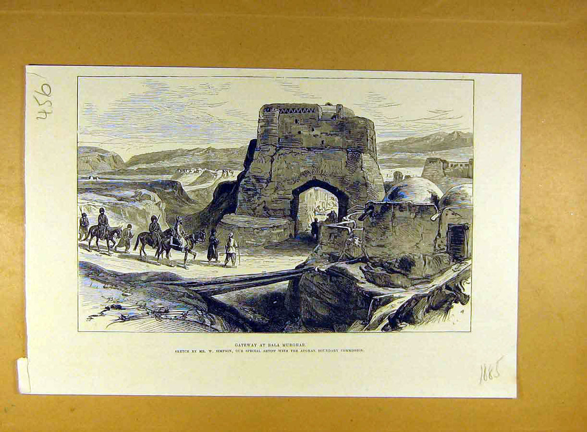 Original Old Antique Print 1885 Gateway Bala-Murghab Simpson Sketch Victorian