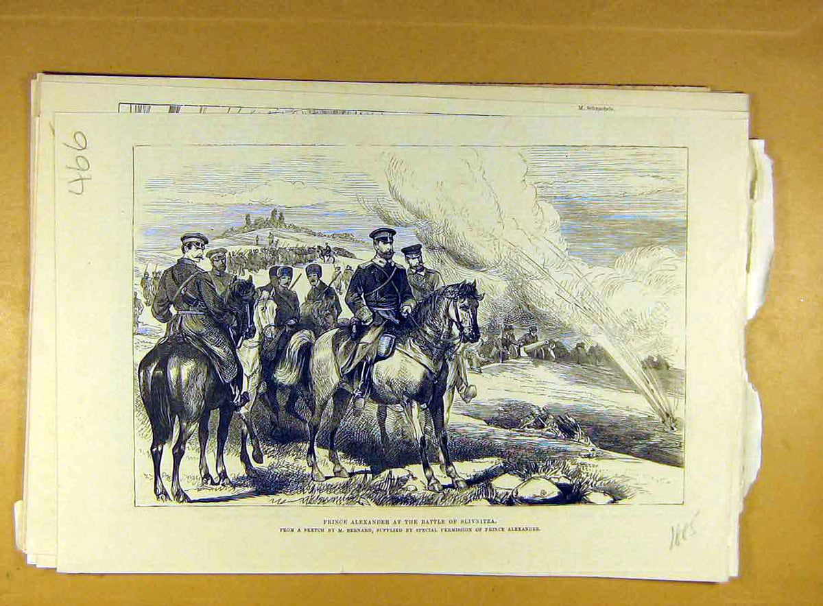 Original Old Antique Print 1885 Prince Alexander Battle Slivnitza Sketch Bernard