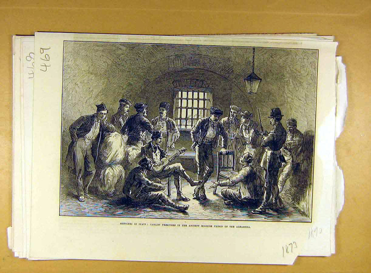 Old Antique Print 1873 Sketches Spain Carlist Prisoners Moorish Alhambra 19th