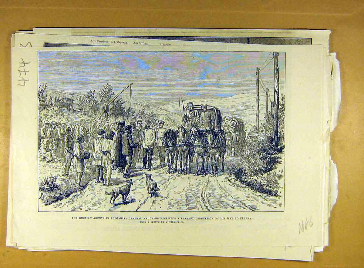 Original Old Antique Print 1886 Russian Agents Kaulbars Peasant Plevna Sketch