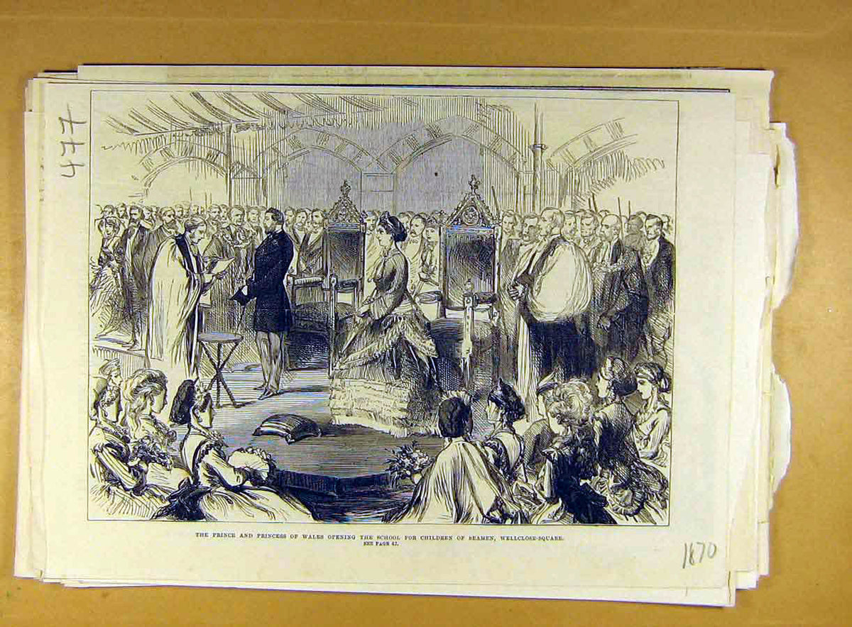 Original Old Antique Print 1870 Prince Princess Wales School Children Seamen
