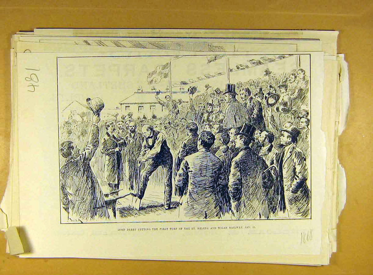 Original Old Antique Print 1888 Derby Turf St Helen'S Wigan Railway Victorian
