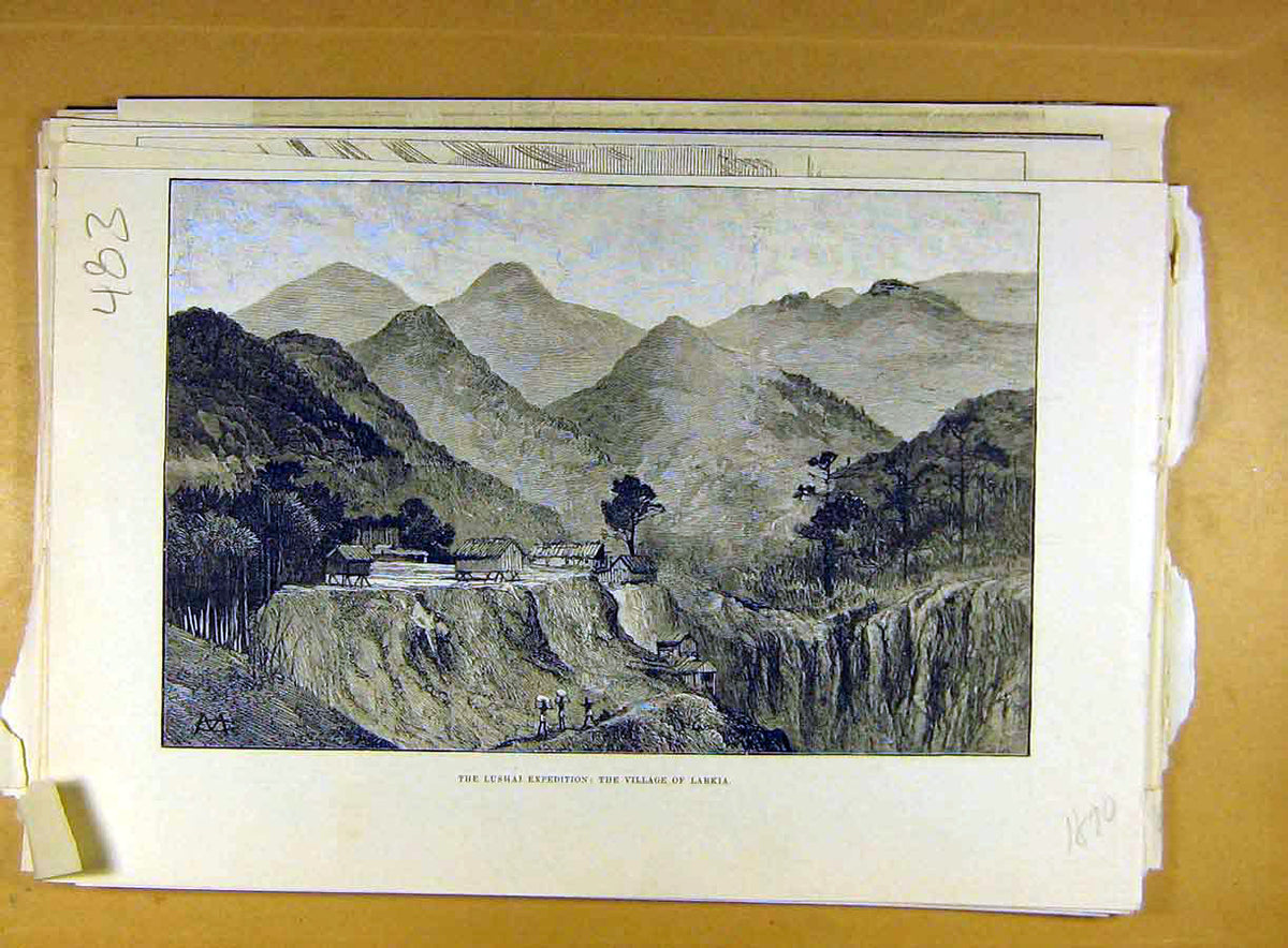 Original Old Antique Print 1890 Lushai Expedition Village Larkia 19th