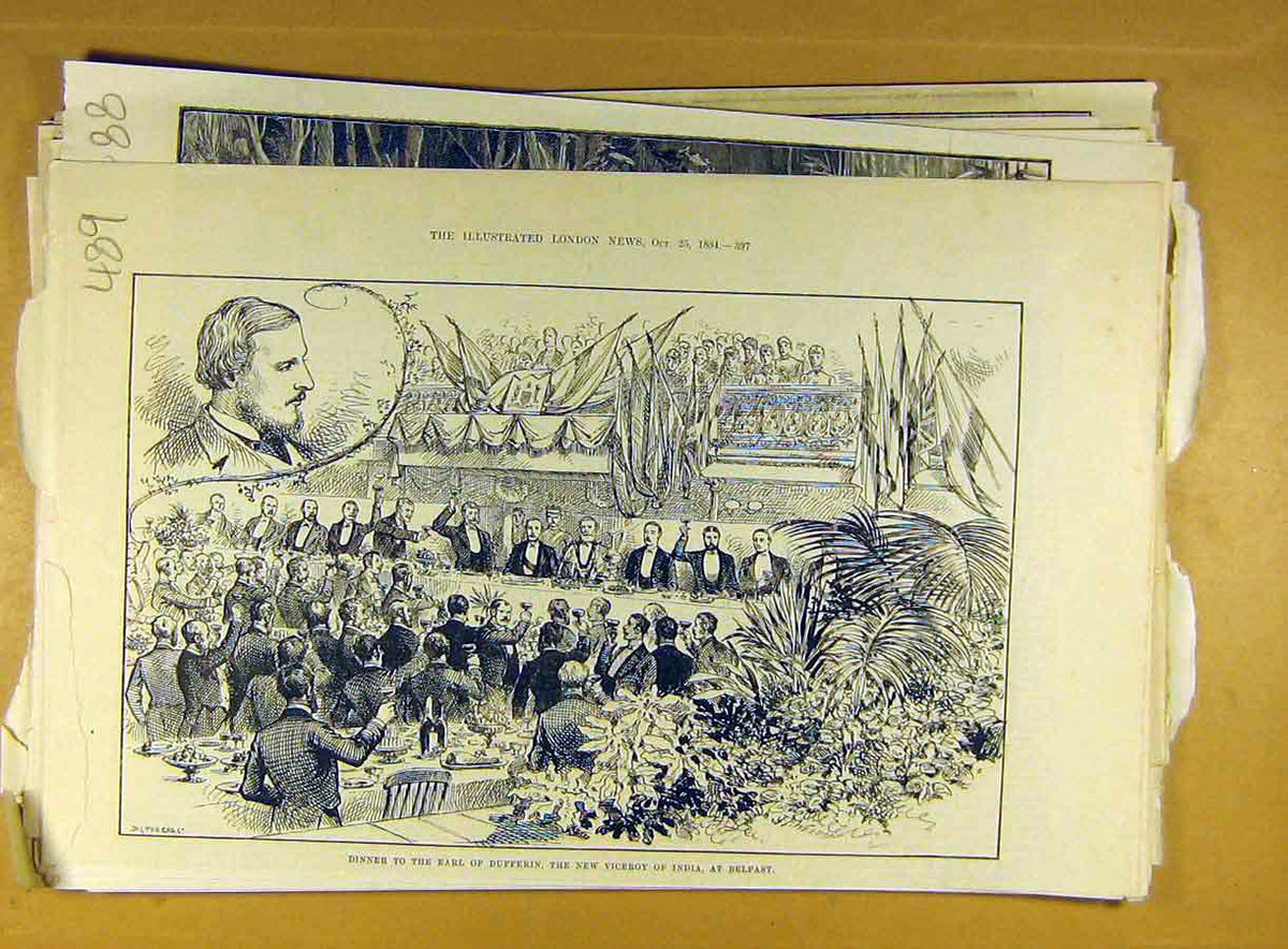 Old Antique Print 1884 Dinner Earl Dufferin Viceroy India Belfast Ireland 19th