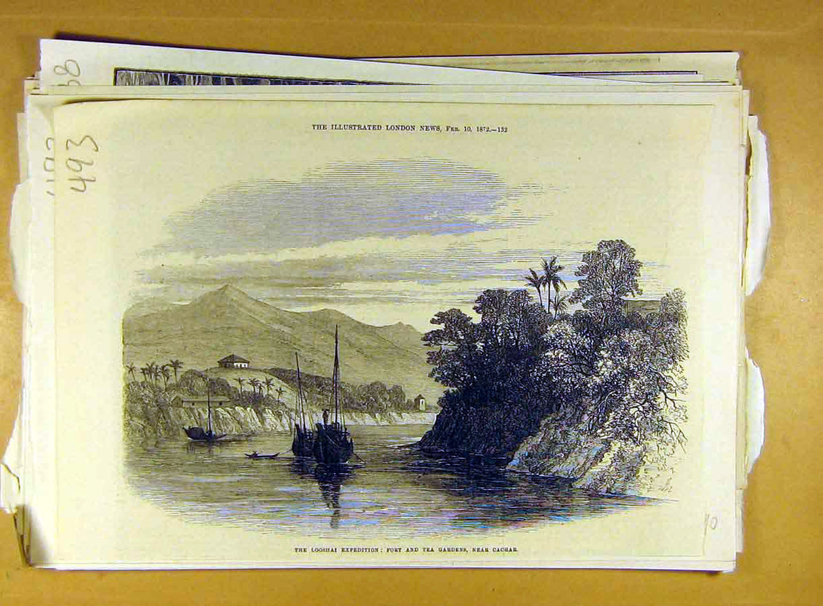 Original Old Antique Print 1872 Looshai Expedition Fort Tea Gardens Cachar 19th