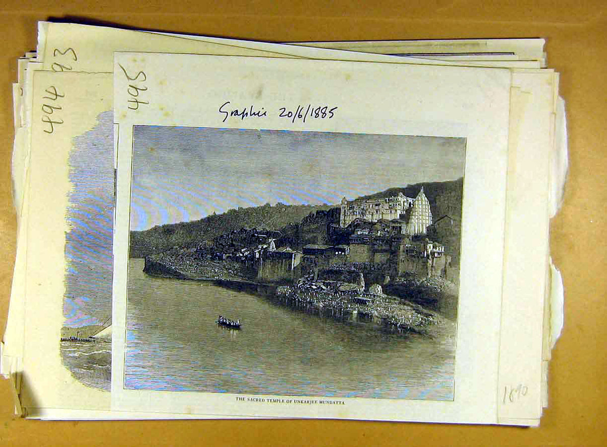 Original Old Antique Print 1885 Sacred Temple Unkarjee Mundatta View Victorian