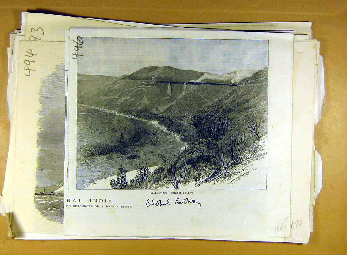 Old Antique Print 1885 Bhopal Railway Choral Valley Viaduct India Indian 19th